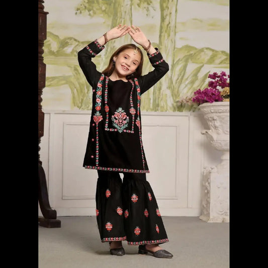 2 Pcs Girl's Cotton Embroidered Kurta And Trouse