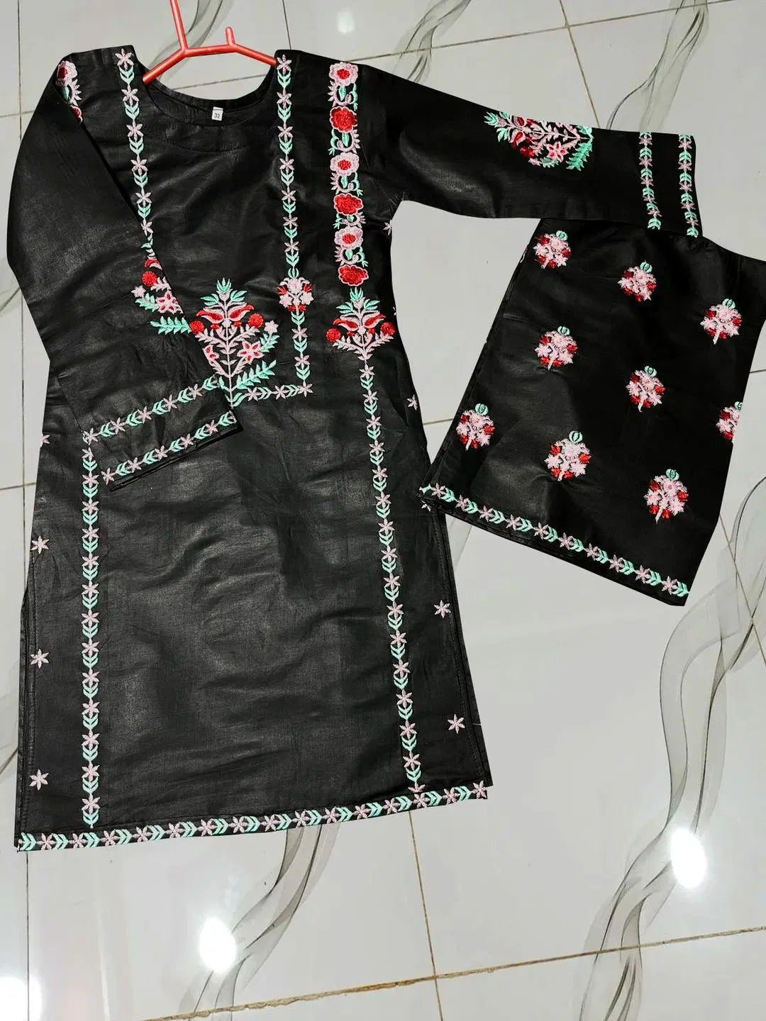 2 Pcs Girl's Cotton Embroidered Kurta And Trouse